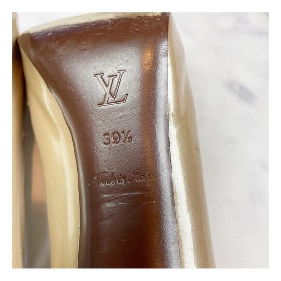 Louis Vuitton Oh Really! Beige Patent Leather Peep Toe Pumps Gold LV Padlock - Picture 10 of 14